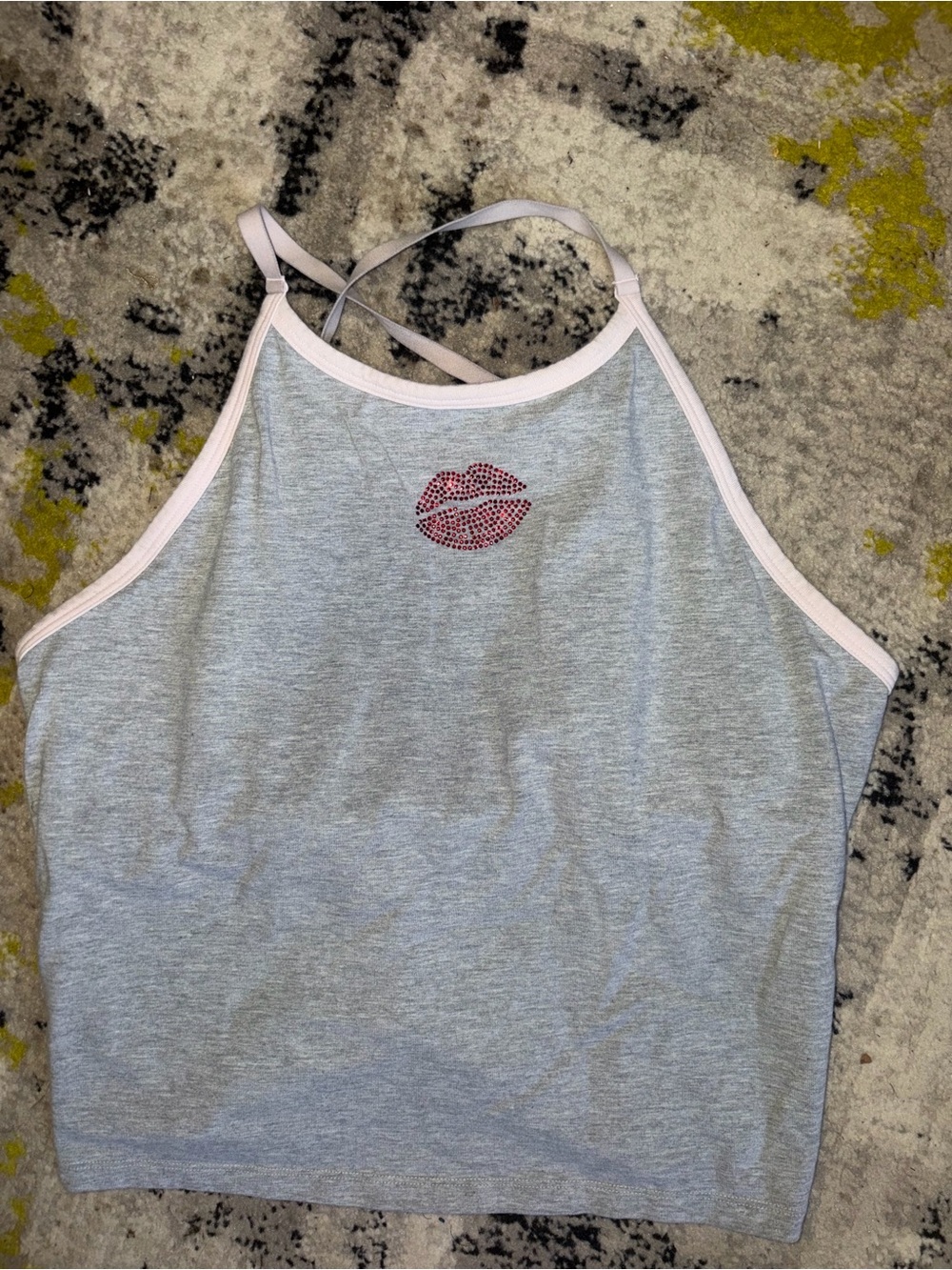 PINK Victoria's Secret Light Gray Halter Tank with Pink Lip Rhinestone